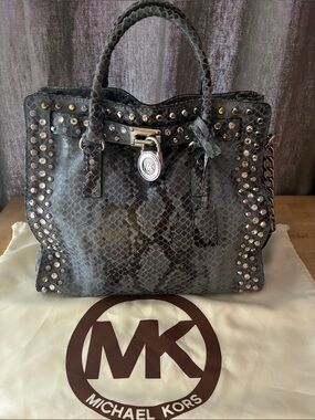 Michael Kors Hamilton Jewel Padlock Studded Blue Python Embossed Satchel Bag!